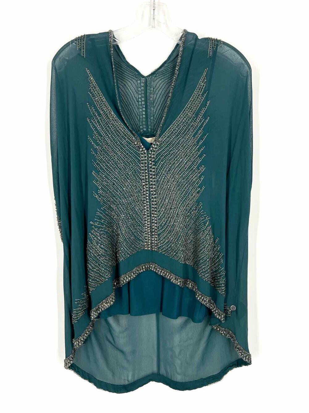 Gold Hawk Size S Dk Teal/Silver Beaded Layered Designer Tunic